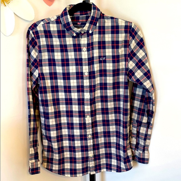 Vineyard Vines Whale Shirt Button Down Boys L 16 Checkered Long Sleeve - Picture 1 of 9
